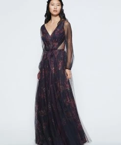 All Bridesmaid Dresses Marchesa Notte Floral Bishop Sleeve Bridesmaid Dress BM1126P2